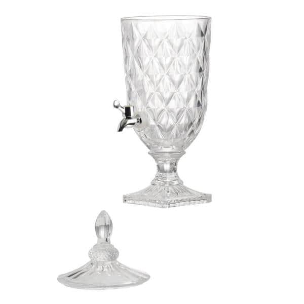 Clear Glass Diamond Pattern Lidded Drink Dispenser with Polished Silver Accents
