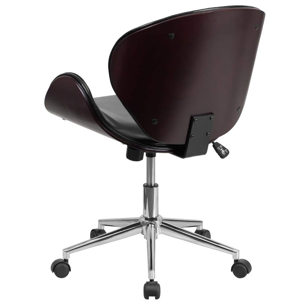 Ergonomic Mahogany Wood and Black Leather Mid-Back Swivel Office Chair