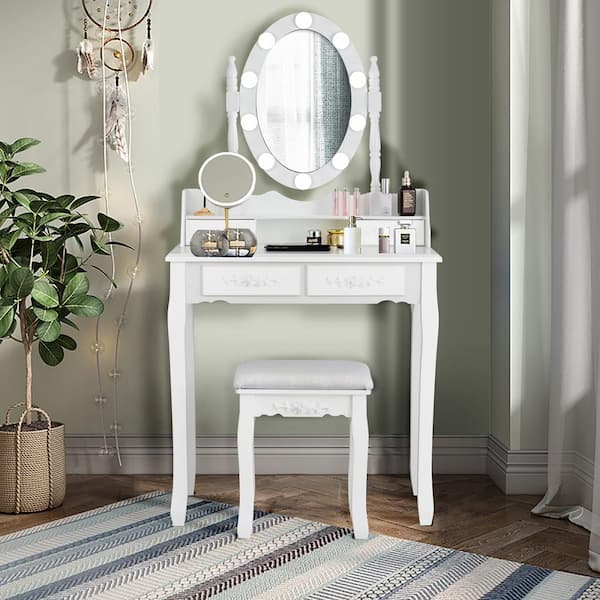 White Trunk Vanity Dressing Table 10 Dimmable Bulbs Touch Switch for Bedroom 57 in. x 29.5 in. x 16 in.