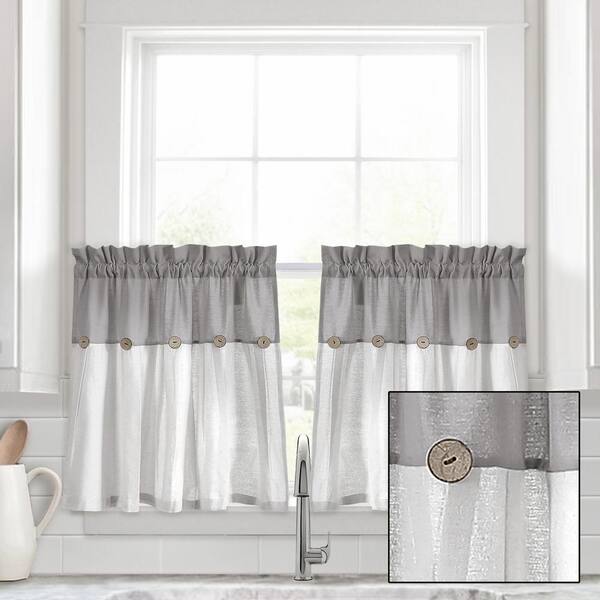 2 Tiers Gray\White Cotton 3 Pc Small Curtain Set Medallion Design Valance 