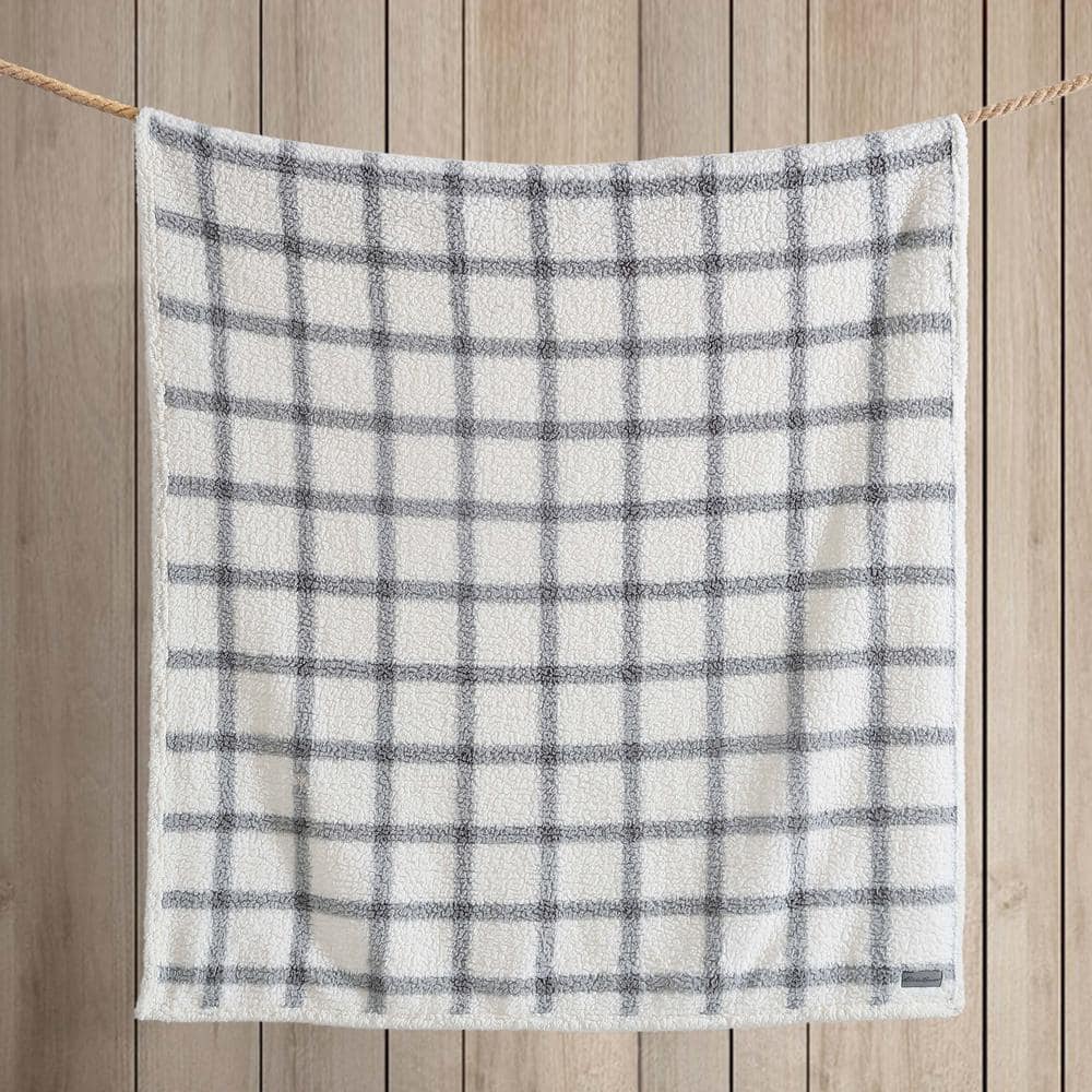 Gray and White Plaid Reversible Sherpa Throw Blanket
