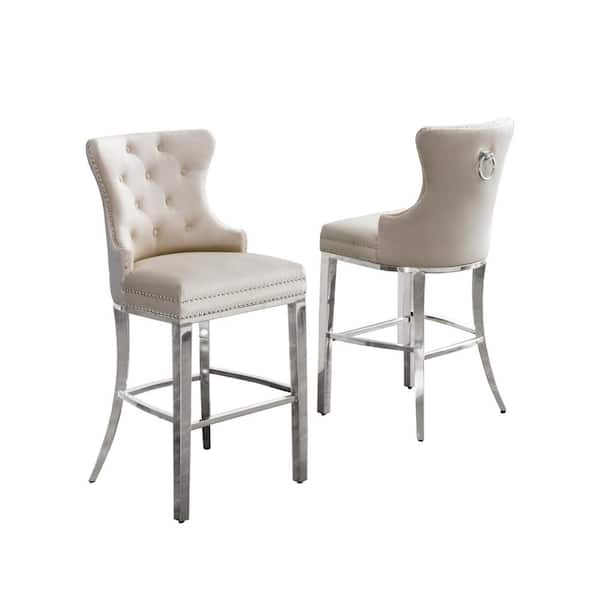 Best Quality Furniture Ashley 29in. H Cream Velvet Upholstered Full Back Metal Frame Barstool with Stainless Steet Legs (Set of 2)