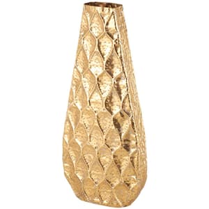 Gold Textured Concaved Teardrop Metal Decorative Vase with Spotted Gray Accents
