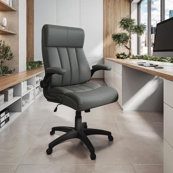 TECHNI MOBILI Faux Leather Adjustable Height Ergonomic Executive Office Chair in Gray with Padded Flip-Up Arms
