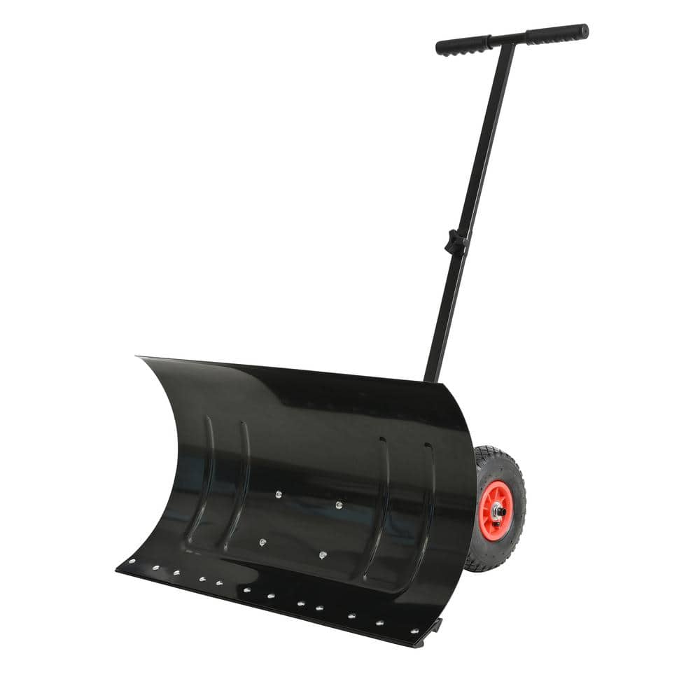 45 in. Metal Handle Steel Snow Shovel Wheeled Snow Pusher Cushioned Adjusta
