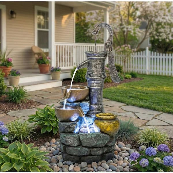 32 in. 5-Tiered Stone-Texture Resin Waterfall Fountain with