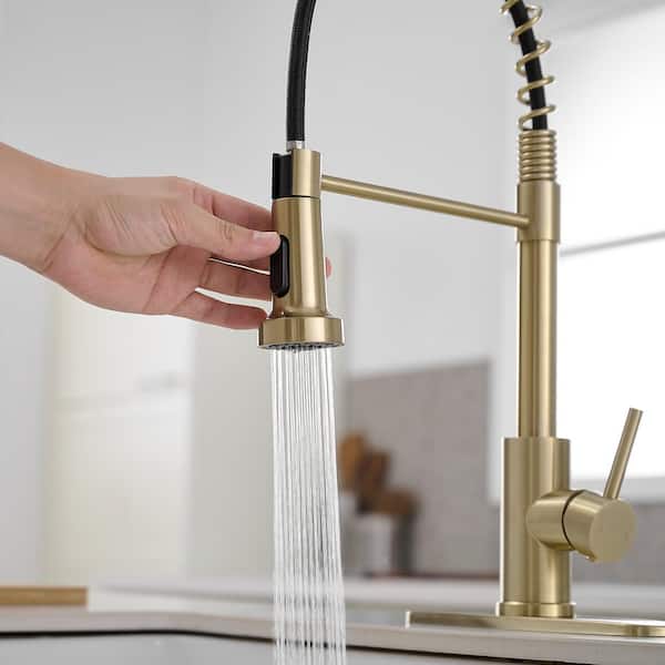 Commercial Style Spring Brushed Gold 19.01 in. H 2-Func Pull-Down Brass Faucet W/ 360° Swivel