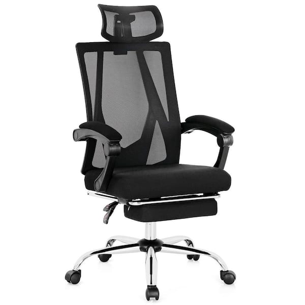 ANGELES HOME Black Sponge Seat Ergonomic Recliner Mesh Office Chair with Arms and Adjustable Footrest