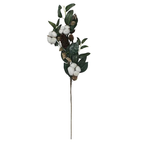 Northlight 27 .5" White Cotton Flowers and Foliage Artificial Twig Pick