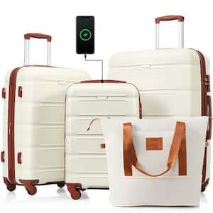 4-Piece Beige and Brown Expandable ABS Hardshell Spinner Luggage Set with Travel Bag, USB Port, Cup Holder, Hooks