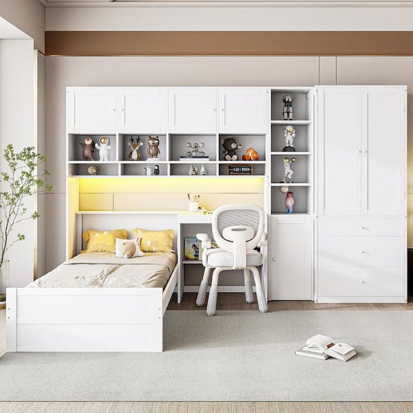 Gleason White Wood Frame Twin Size Platform Bed with Desk, Wardrobe, Cabinets, Drawers, and Shelves