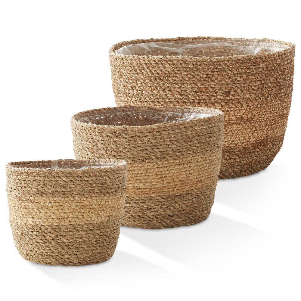 Set of 3 Two-Tone Handwoven Seagrass Planter Baskets with Liners
