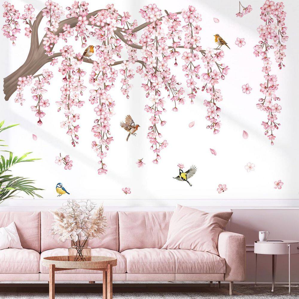 57.08 in. x 48.03 in. Pink Leaf Flower Birds Wall Decal, Hanging Vine Wall Decals for Living Room TV Background Bedroom price history on PriceWatchPro