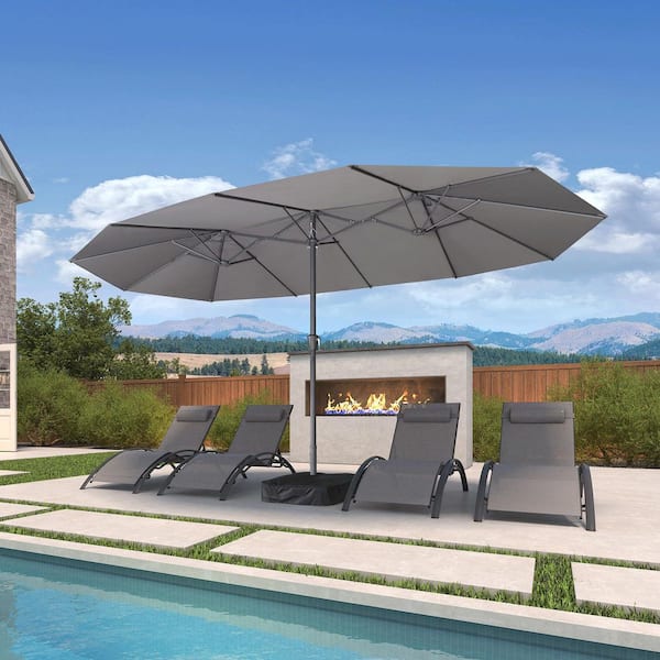 PURPLE LEAF 15 ft. Gray Aluminum Market Patio Umbrella with Double-Sided Outdoor Table Sun Umbrellas with Base in Gray