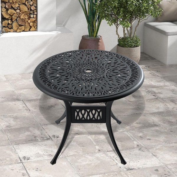 Black Round Aluminum Outdoor Dining Table with Umbrella Hole