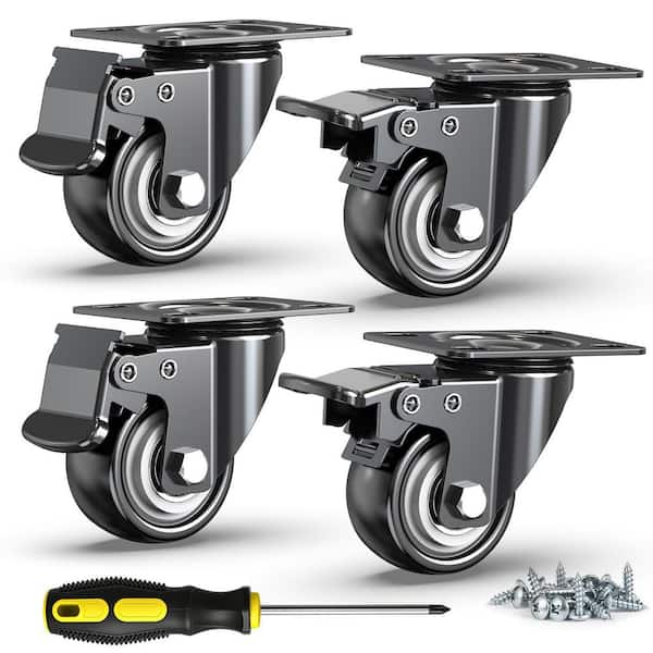 4-Pack 2 in. Black Polyurethane Swivel Caster Wheels w/ Dual Lock Brake, Noiseless Non-Marring with 600 lbs. Load Rating
