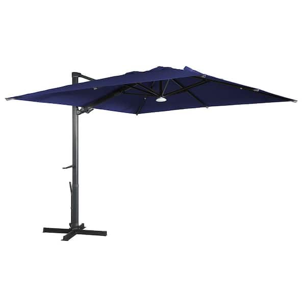 Clihome 10 ft. Cantilever Umbrella Square Crank Market Umbrella Tilt Patio Umbrella with Bluetooth Lights in Navy Blue