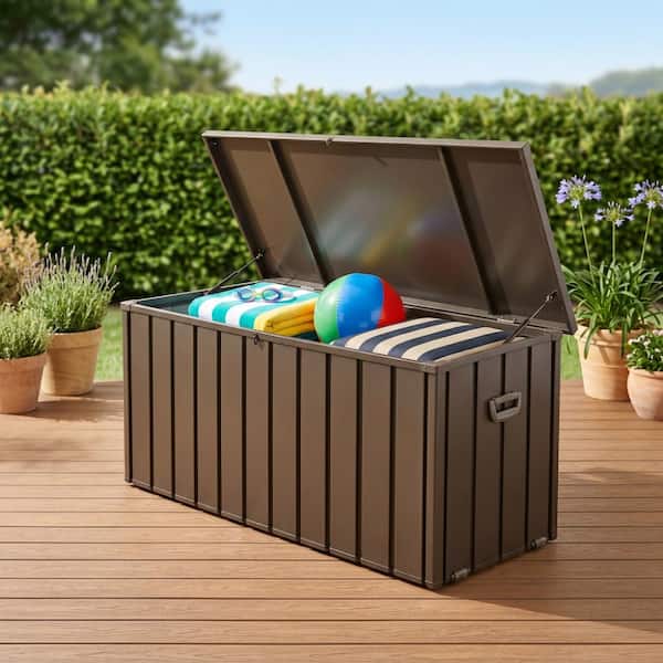 Brown 160 Gal. Steel Waterproof Outdoor Deck Box with Wheels, Lockable Patio Storage Bin for Outside Cushions, Pillows