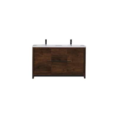 Dolce 60 in. W Bath Vanity in Rosewood with Reinforced Acrylic Vanity Top in White with White Basins