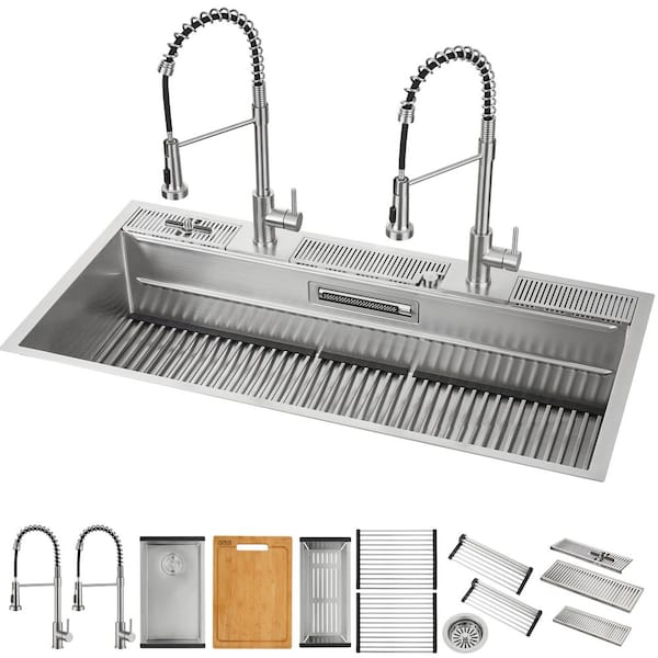 45 in. Drop-In/Undermount 3-Level Workstation Stainless Steel Sink with 2-Faucets, Glass Rinser and Waterfall