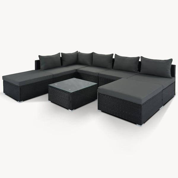 8-Pieces Black Wicker Outdoor Patio Sofa Sectional Set with Gray Cushions