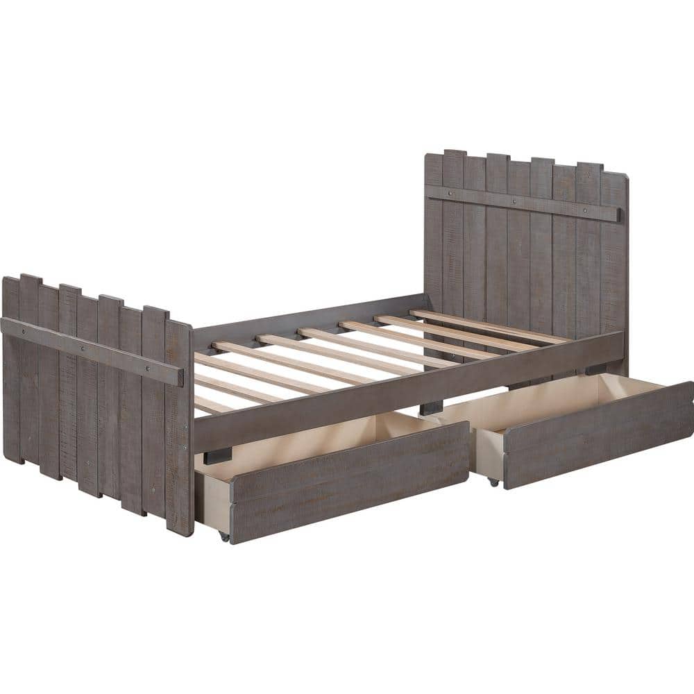 Grey solid wooden frame Twin country style platform bed with vintage fence-