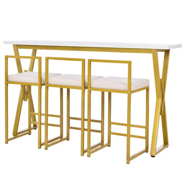 maocao hoom 4-Piece Gold Bar Dining Table Set with 3-Beige Padded Stools
