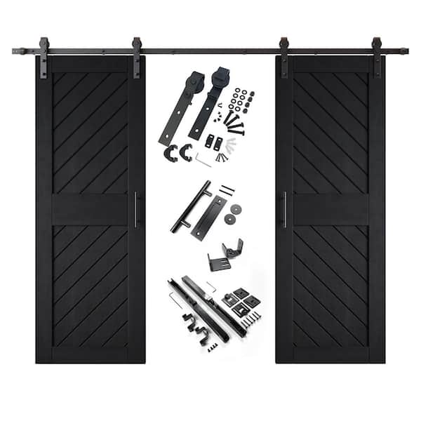 XT1 26 in. x 84 in. C-Panel Black Slanted Stripe Design Double Pine Wood Sliding Barn Door with Hardware Kit