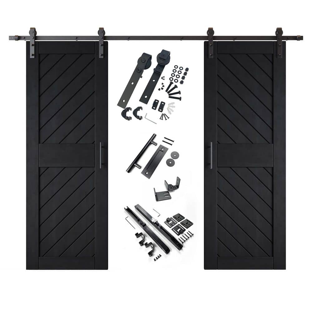 XT1 30 in. x 84 in. C-Panel Black Slanted Stripe Design Double Pine Wood Sliding Barn Door with Hardware Kit price history on PriceWatchPro