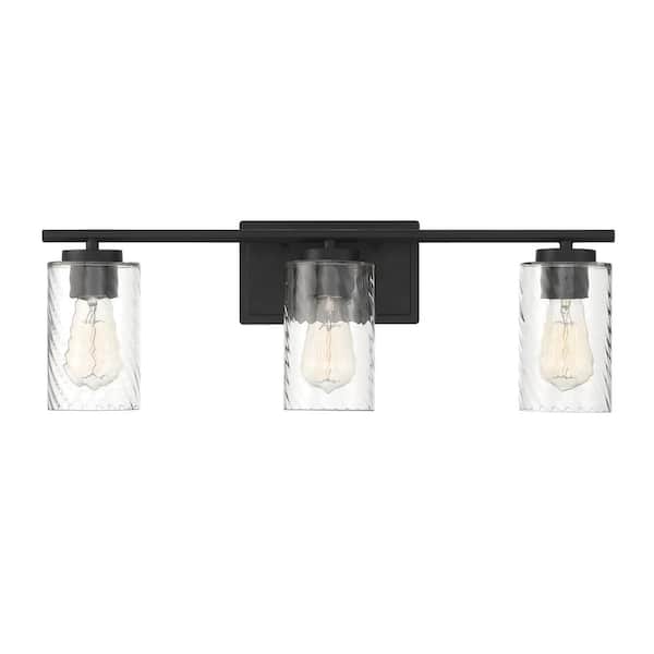 Savoy House 24 in. W x 8.63 in. H 3-Light Matte Black Bathroom Vanity Light with Clear Cylinder Glass Shades
