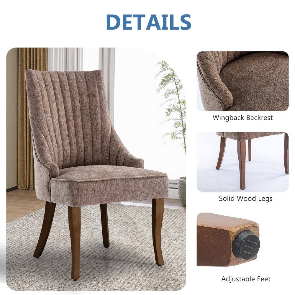Brown Linen High Back Upholstered Dining Chairs with Wood Legs