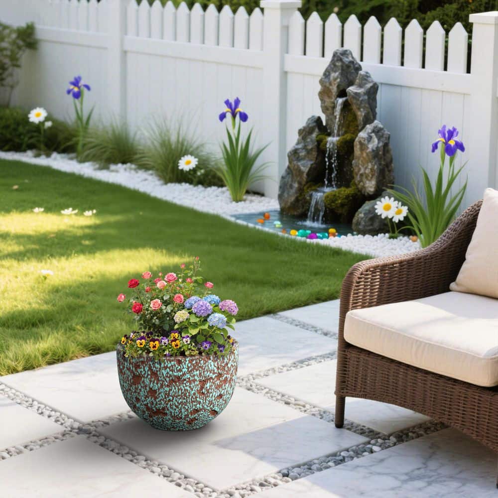 16.5 in. Dia Concrete Planter Bowl Medium Plant Pot in Teal(Enhanced Interior) with Drainage Holes for Outdoor Indoor price history on PriceWatchPro