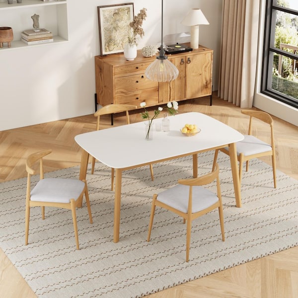 White Oak and Beige 5-Piece Modern Dining Set with Solid Wood Frame Table and 4 Upholstered Chairs