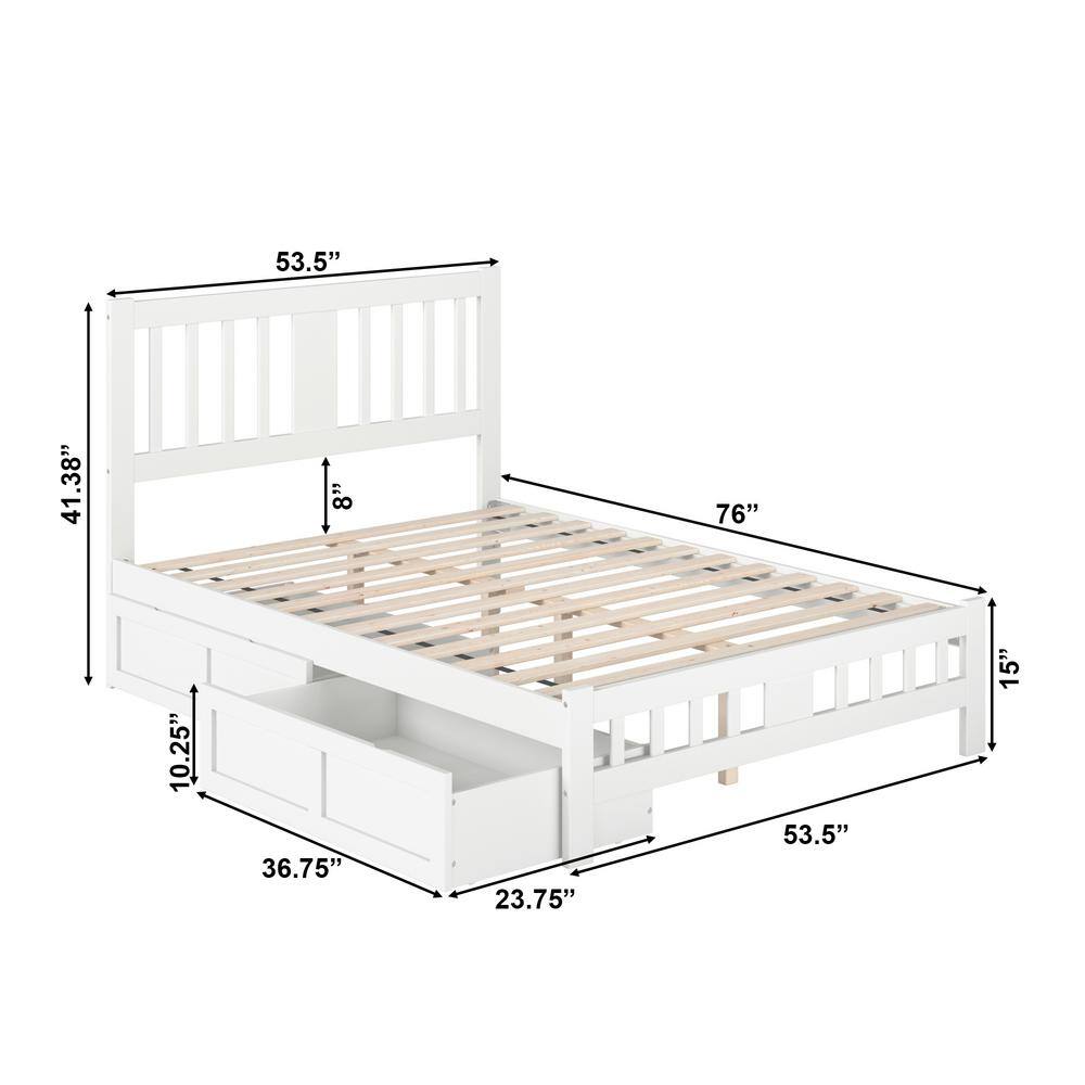 White Full Wood Bed with Headboard and 2 Drawers