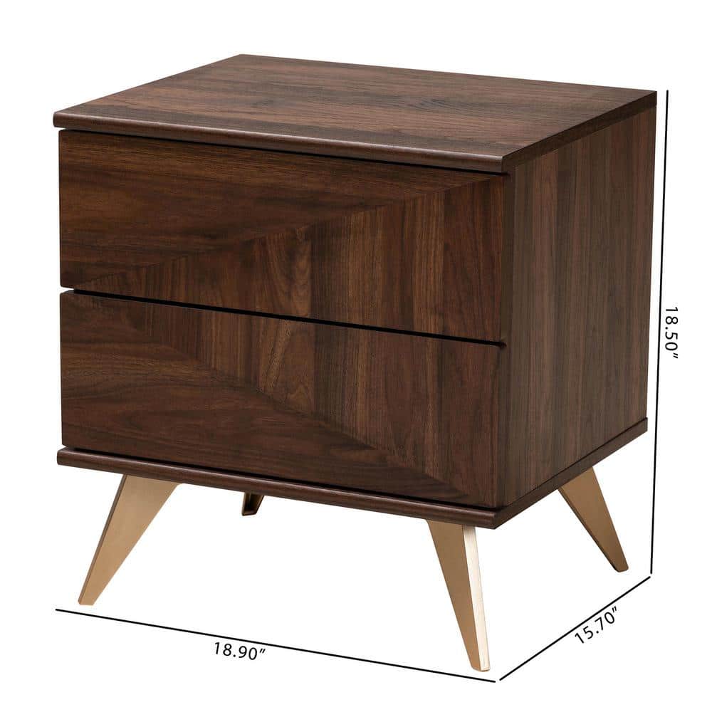 Graceland Walnut Brown 2-Drawer Nightstand with Gold Cone Legs