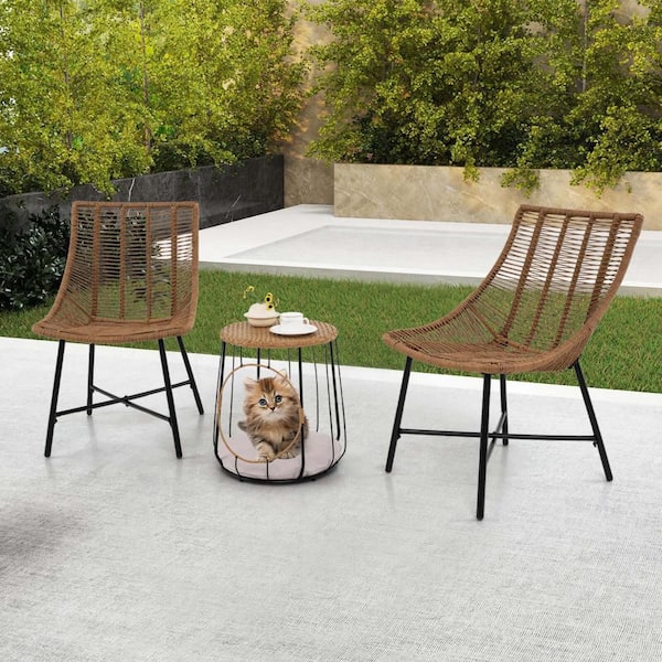 Brown 3-Piece Wicker Patio Conversation Set with Heavy Duty Metal Frame Pet House
