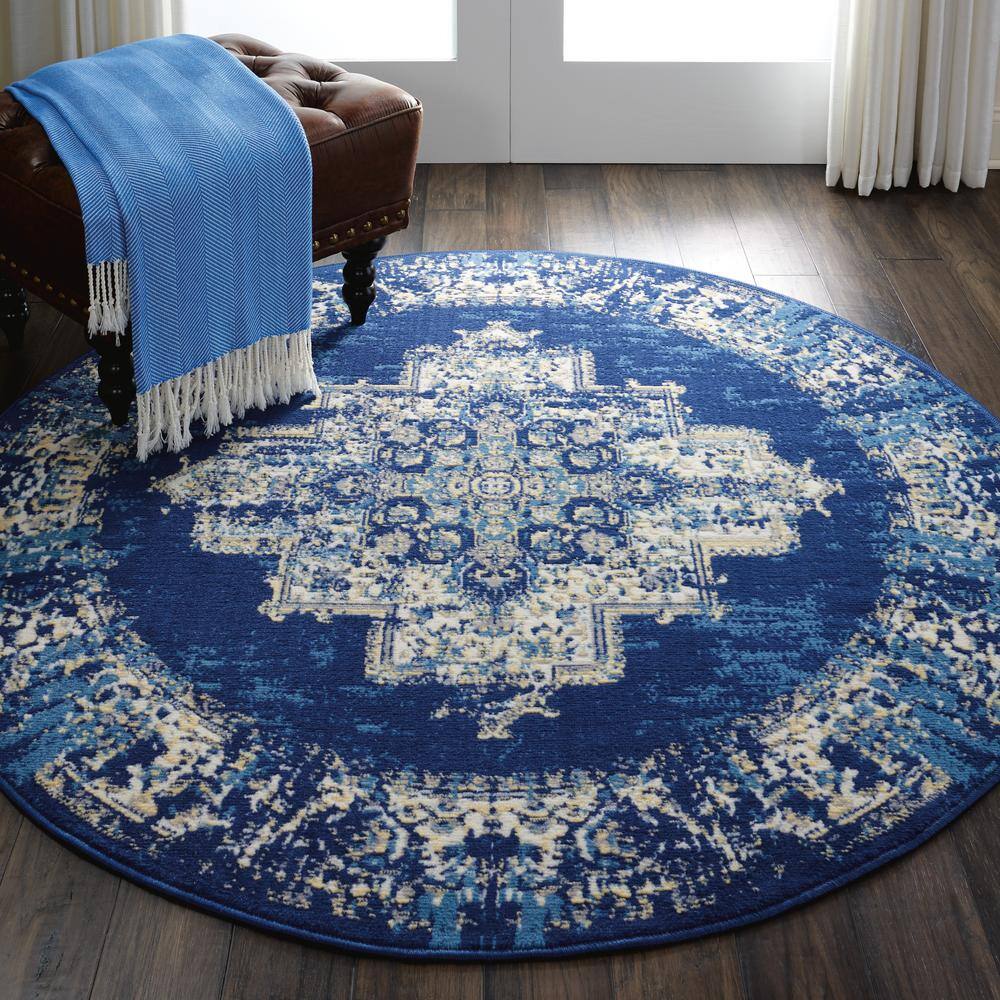 Navy Blue Round Medallion Synthetic Traditional Rug