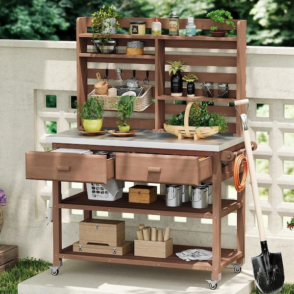 64.9 in. Brown Wooden Outdoor Potting Bench Table, Kitchen Island with Lockable Wheels, Stainless Steel Top