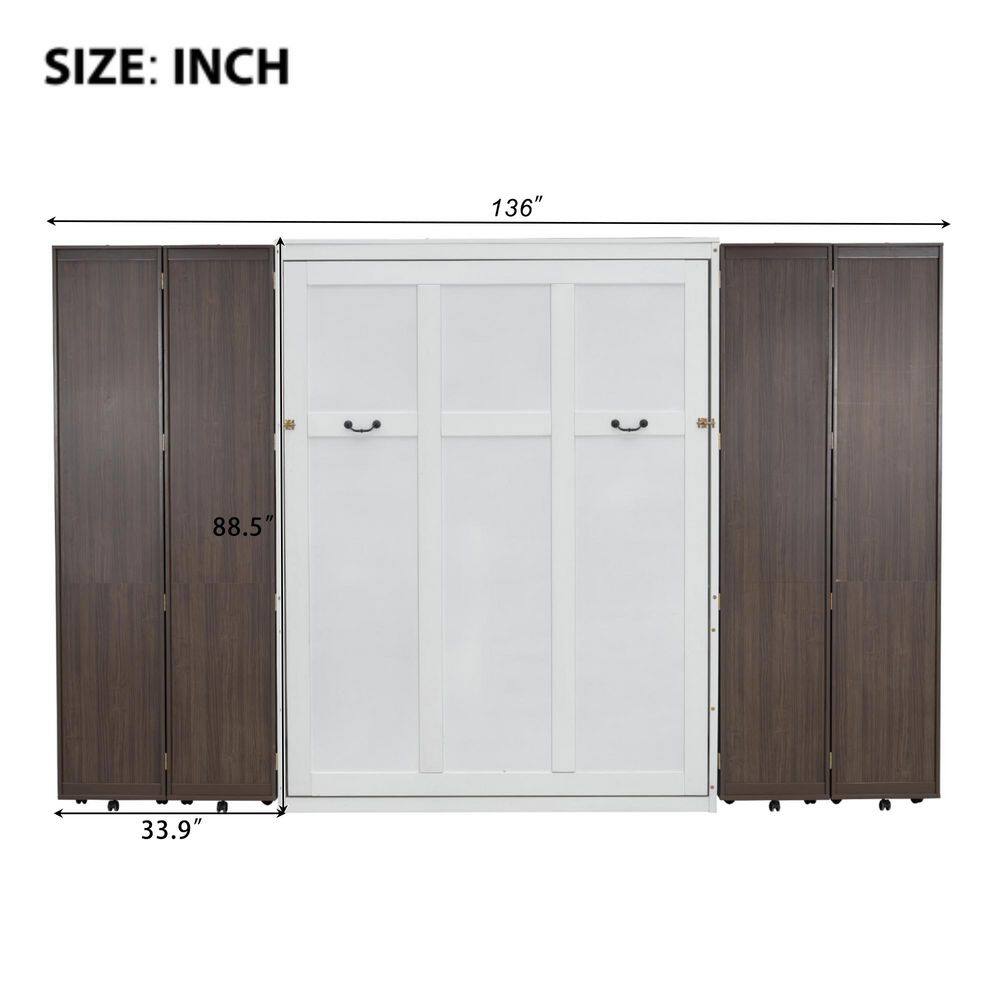 White Wood Frame Queen Murphy Bed Wall Bed with Push-Pull Foldable Storage Cabinets - thumbnail 4
