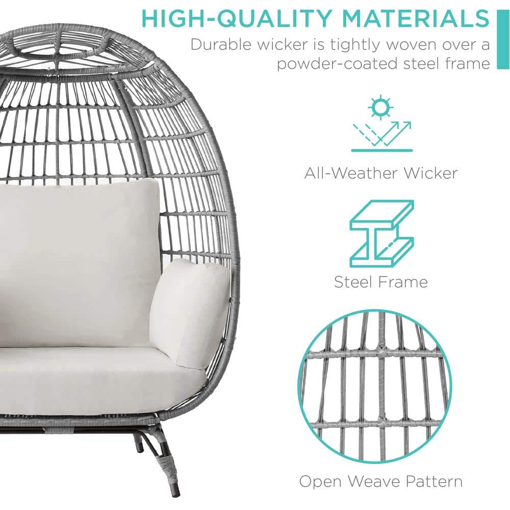 Gray Wicker Egg Lounge Chair with White Sand Cushions
