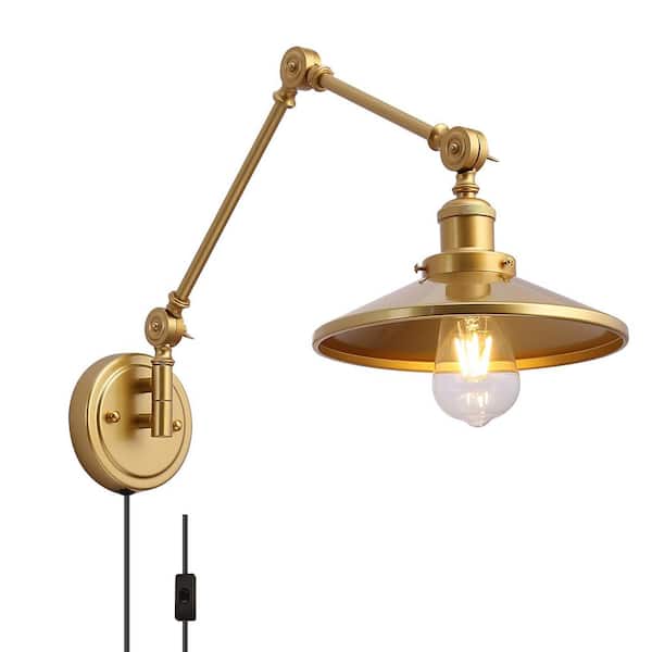 Modern 8.6 in. 1-Light Plug in Wall Sconces with Gold Swing Arm Shade, Farmhouse Extend Reading Wall Lamp with Switch