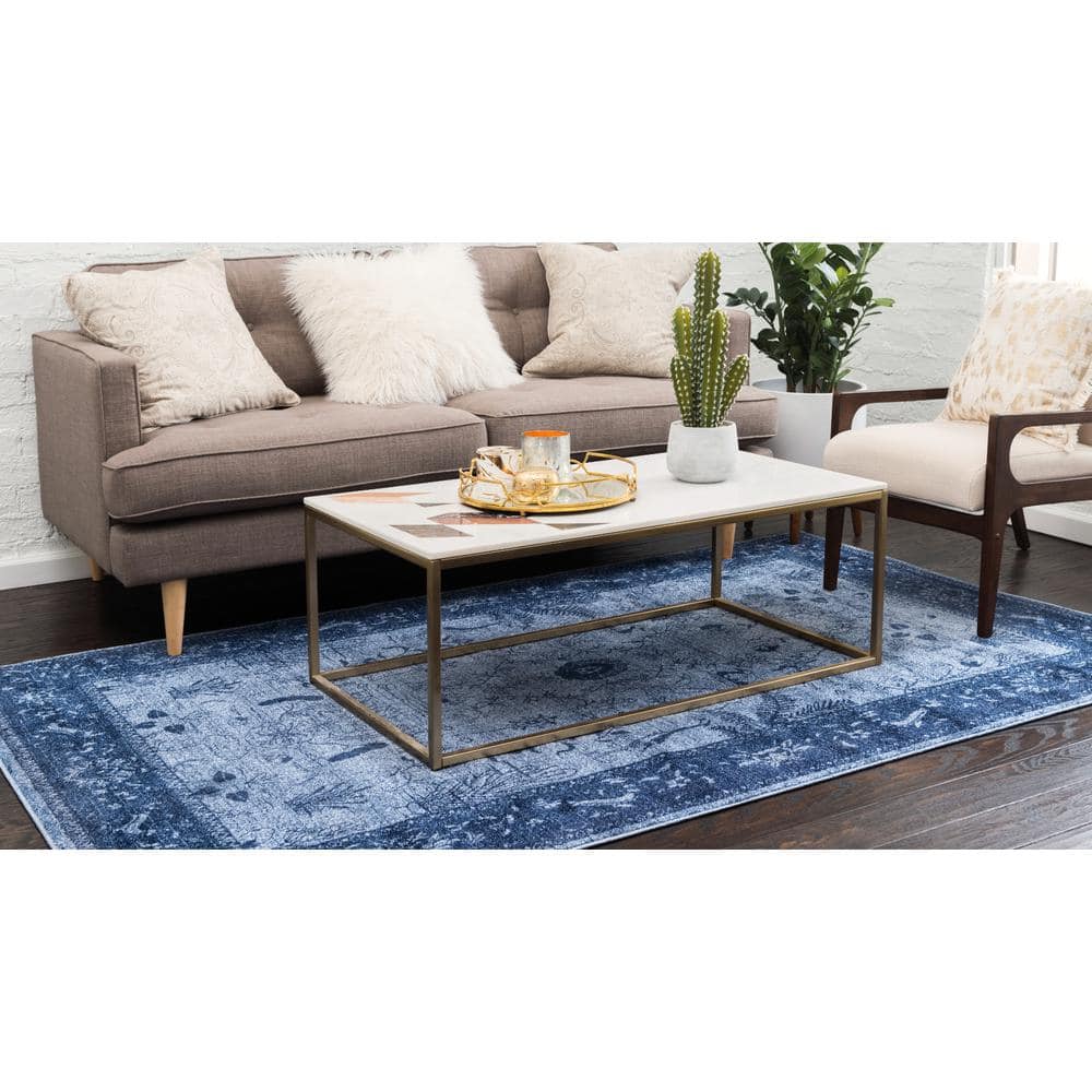 Serene Deep Blue Floral Indoor Rectangular Rug