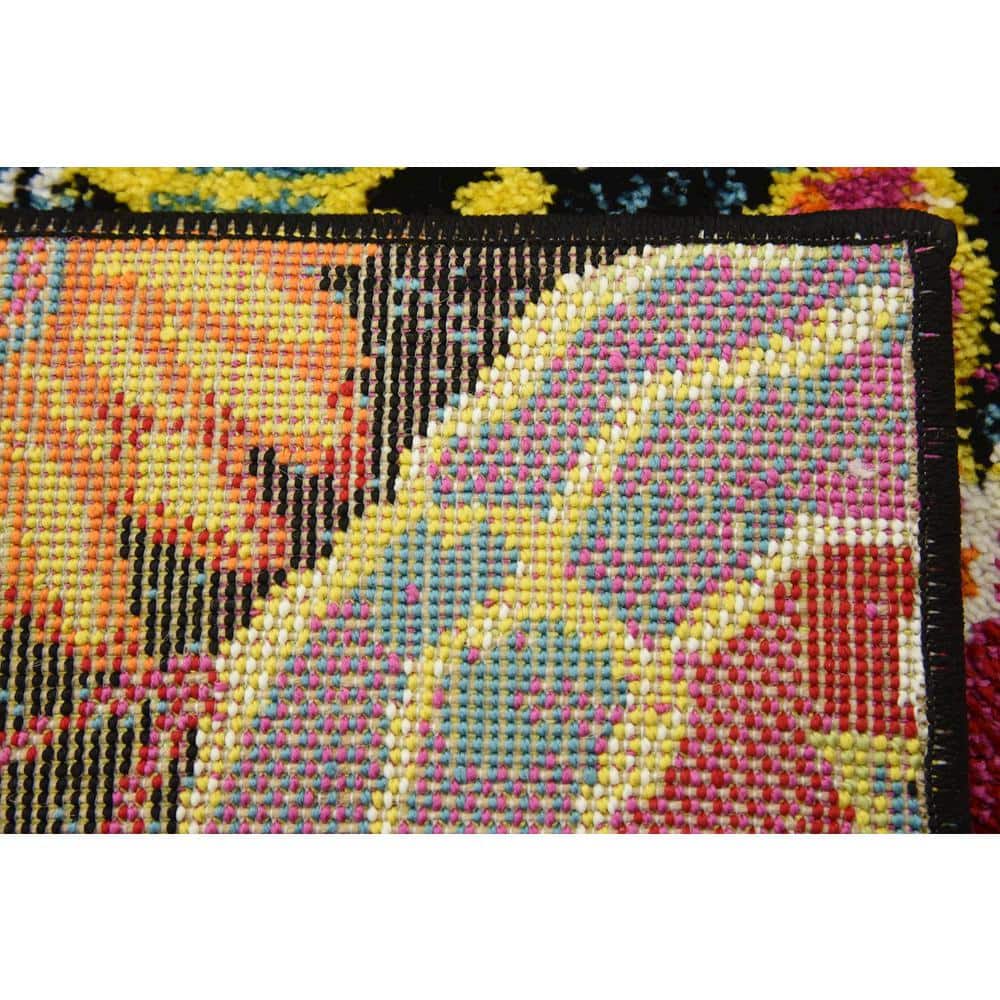 Lyon Kennedy Floral Black and Yellow 2' x 6' Synthetic Runner Rug