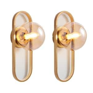 Upgraded 1 Bulb Gold Wall Sconce with Amber Globe Glass Shade 2-Pack