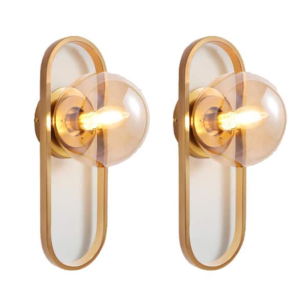 Lukyamzn Upgraded 1 Bulb Gold Wall Sconce with Amber Globe Glass Shade 2-Pack