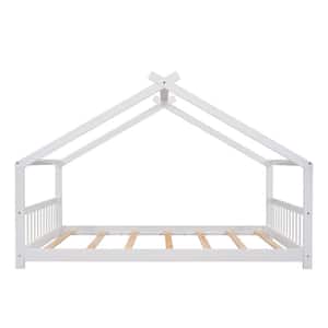 White Full Size Toddlers House Bed with Headboard and Footbard, Wood House Shape Floor Kids Capony Bed Frame