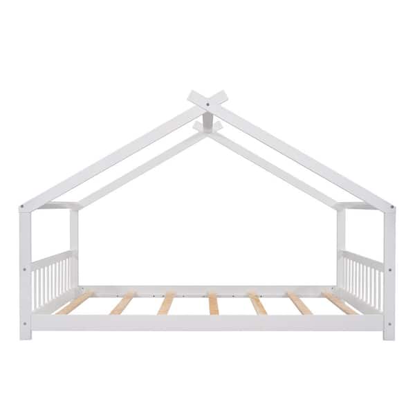 ANBAZAR White Full Size Toddlers House Bed with Headboard and Footbard, Wood House Shape Floor Kids Capony Bed Frame