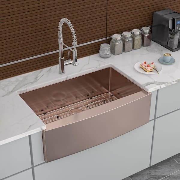 Unbranded 30 in. Farmhouse Single Bowl 16 Gauge Rose Gold Stainless Steel Kitchen Sink with Bottom Grid
