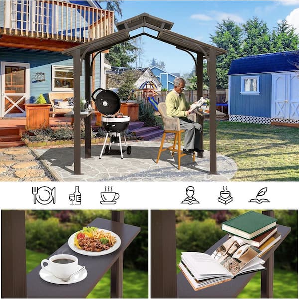 8 ft. x 5 ft. Brown Outdoor Gazebo with Double Roof, Permanent Sun Shade, 2 Side Shelves, and Ceiling Hook
