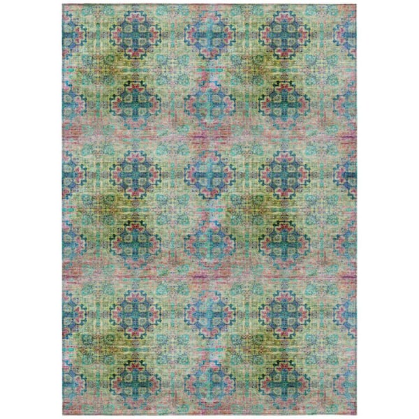 HomeRoots Blue, Green 9 ft. x 12 ft. Woven Floral;Medallion Polyester Rectangle Indoor / Outdoor Area Rug